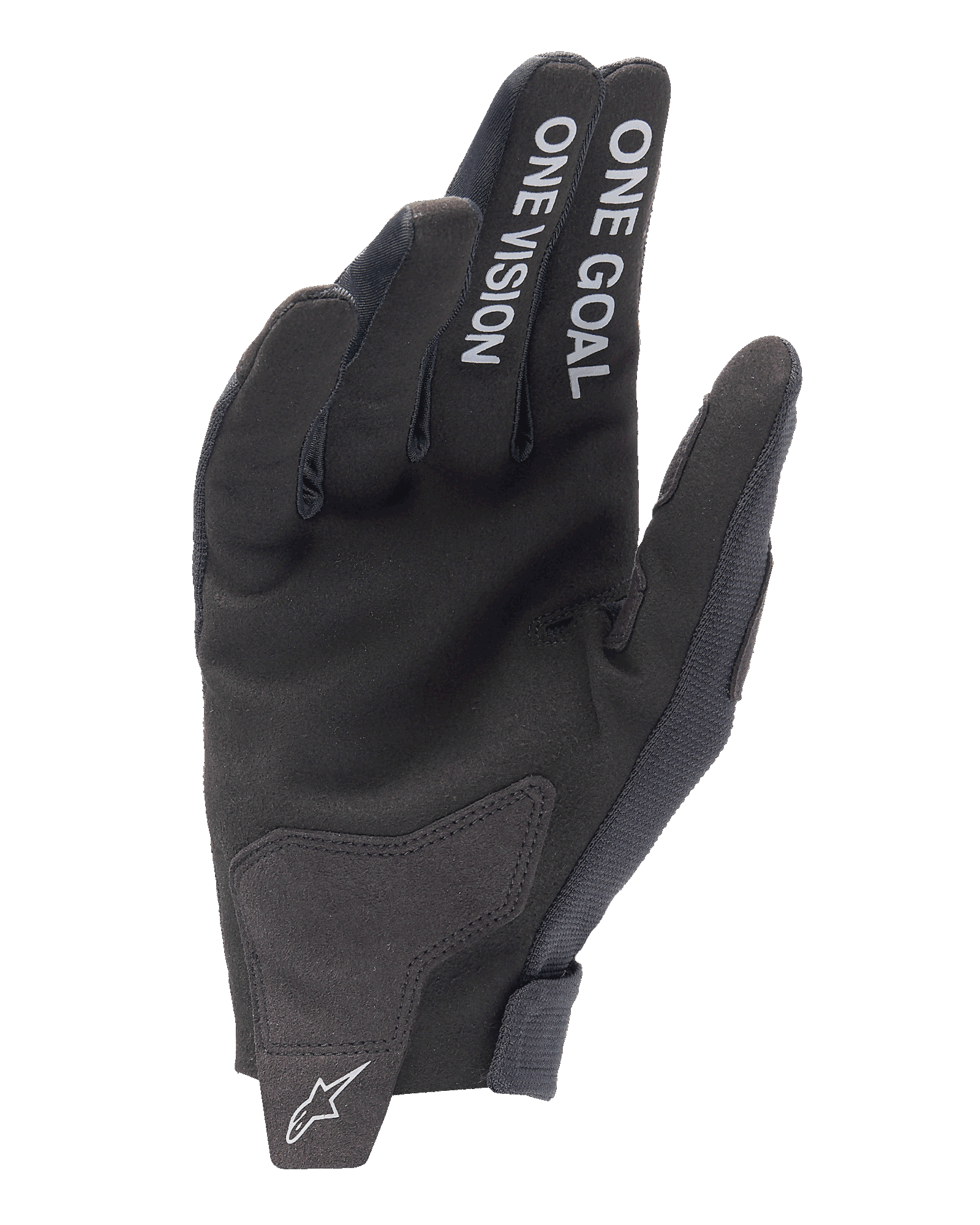 Alpinestars 2025 Radar-handskar, motocrosshandskar, svarta, vy av handflatan med vit text 'ONE GOAL' och 'ONE VISION' på fingrarna, handflata i syntetmocka, vit stjärnlogotyp på den sömlösa handledsstängningen, minimalistisk design för terrängkörning