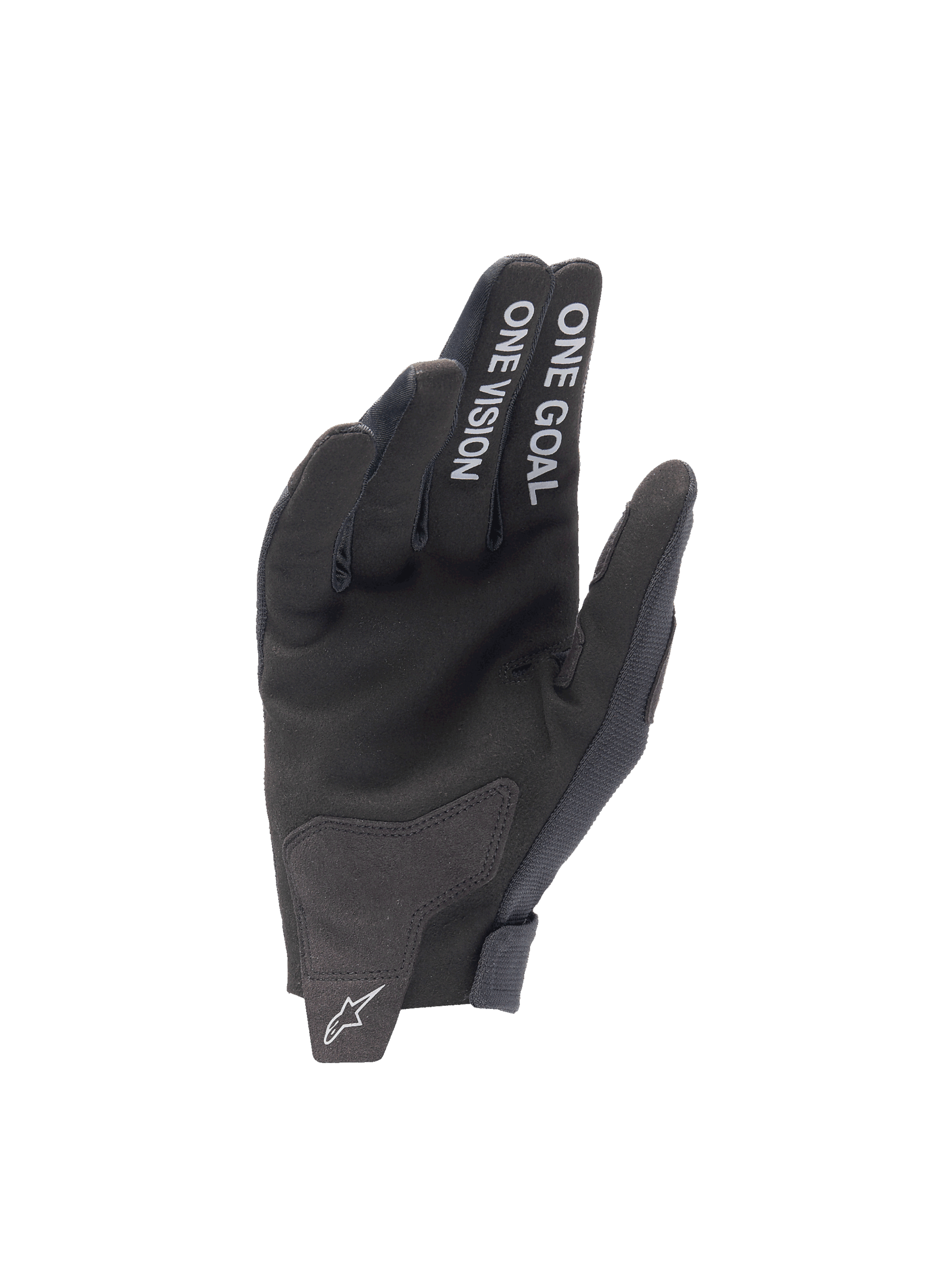 Alpinestars 2025 Radar-handskar, svarta motocrosshandskar, handflata i syntetisk mocka med One Goal One Vision-text.