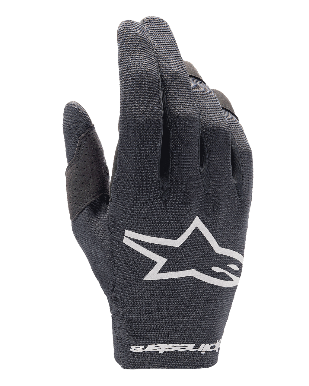 Alpinestars Radar-handskar 2025, motocrosshandskar, svarta, vit Alpinestars-logotyp på handryggen och ordmärke vid handleden, ventilerande mesh-material med perforerad tumförstärkning, lätt utrustning för terrängkörning