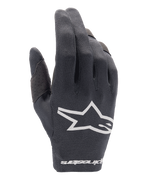 Alpinestars Radar-handskar 2025, motocrosshandskar, svarta, vit Alpinestars-logotyp på handryggen och ordmärke vid handleden, ventilerande mesh-material med perforerad tumförstärkning, lätt utrustning för terrängkörning