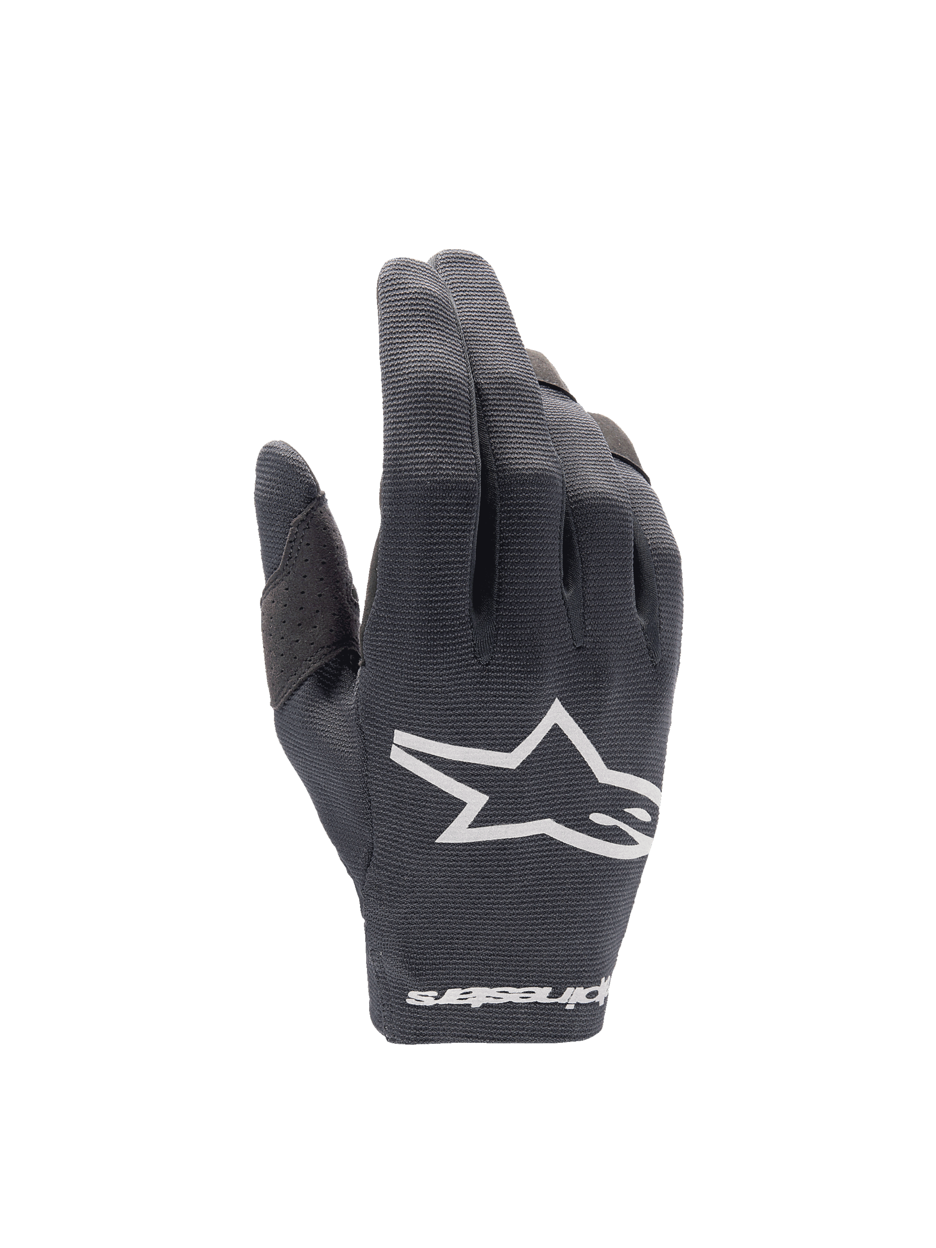 Alpinestars 2025 Radar handskar, lätta motocrosshandskar för herr, svarta och vita med stretchtextil på handryggen.
