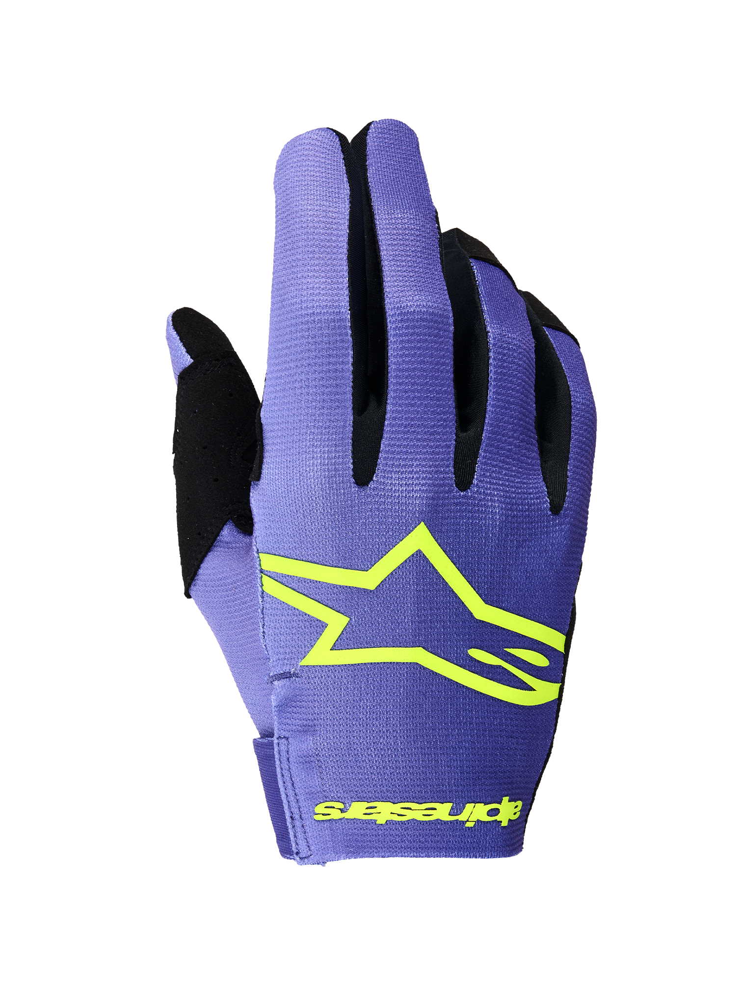 Alpinestars 2026 Radar Gloves, Motocross Gloves, Purple and Yellow Fluo, backhand view featuring a prominent yellow Alpinestars star logo, black finger gussets, and lightweight stretch textile construction for off-road racing