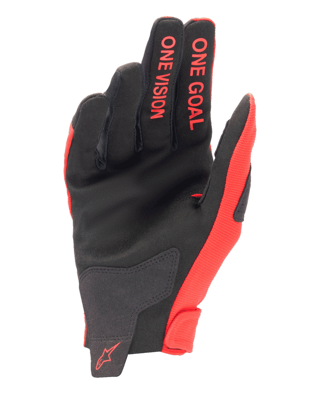 Alpinestars 2025 Radar Gloves, Motocross Gloves, Mars Red and Black, palm side view showing synthetic suede, red 'ONE GOAL' and 'ONE VISION' lettering on fingers, red logo on the wrist, performance off-road gear