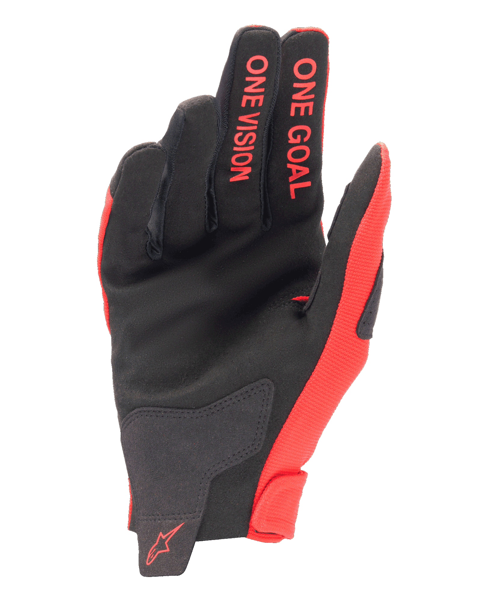 Alpinestars 2025 Radar Gloves, Motocross Gloves, Mars Red and Black, palm side view showing synthetic suede, red 'ONE GOAL' and 'ONE VISION' lettering on fingers, red logo on the wrist, performance off-road gear
