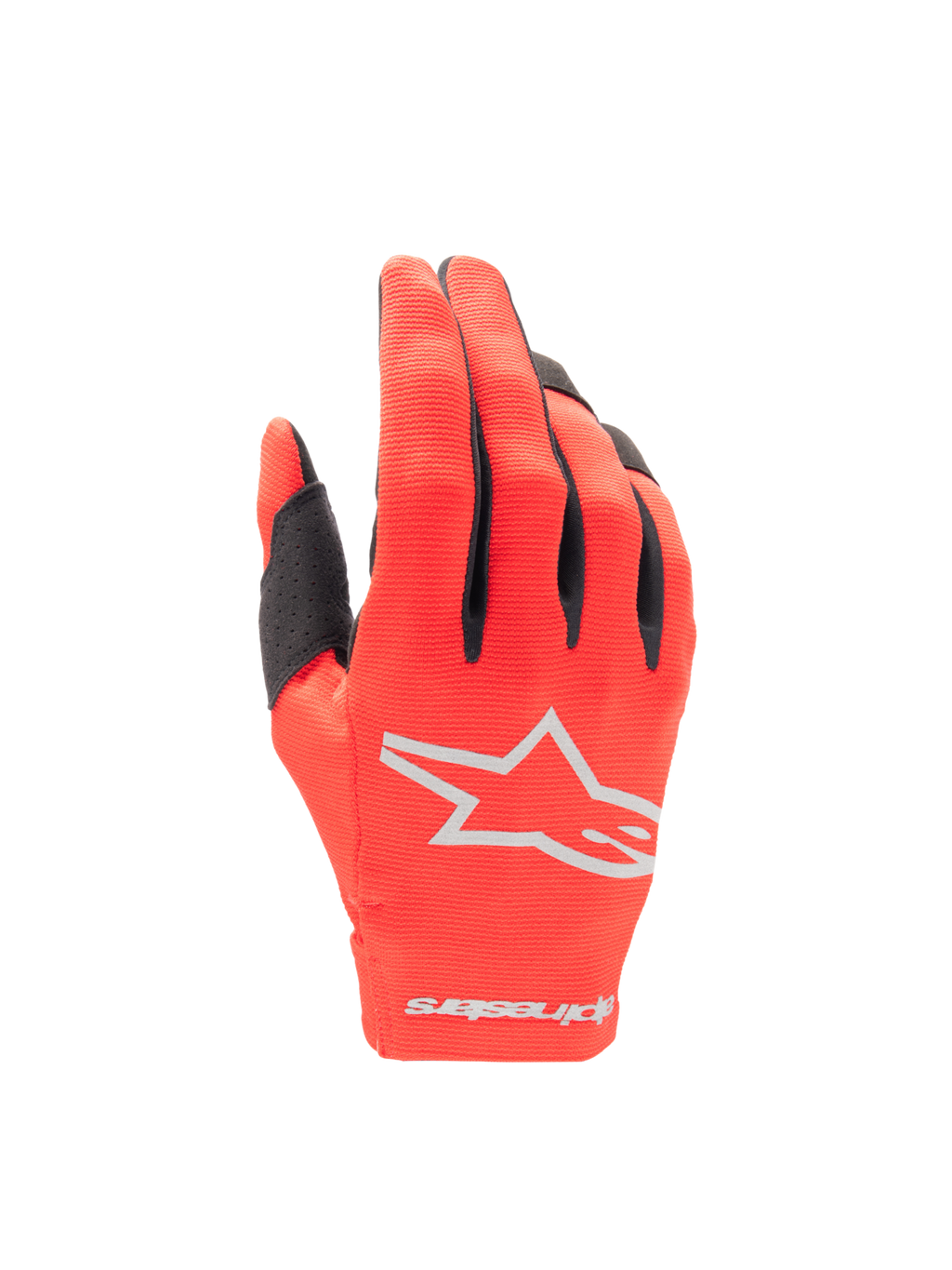 Alpinestars 2025 Radar handskar, herrmotocrosshandskar, marsröda och silver, lätt stretchtextil och stjärnlogotyp