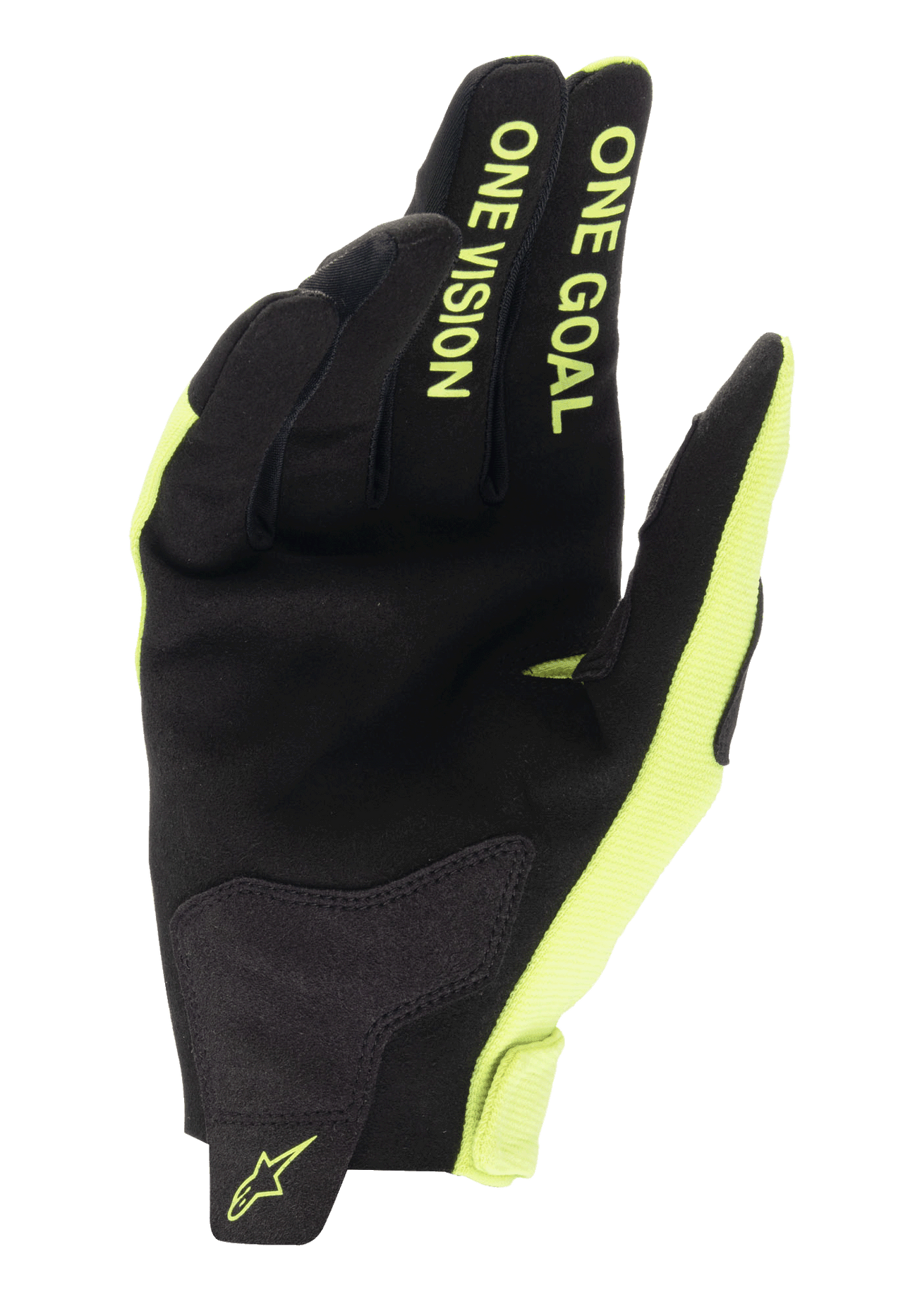 Alpinestars 2025 Radar motocrosshandskar i gul fluo och svart, handflata i syntetmocka med One Goal One Vision-text.