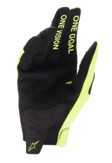 Alpinestars 2025 Radar motocrosshandskar i gul fluo och svart, handflata i syntetmocka med One Goal One Vision-text.