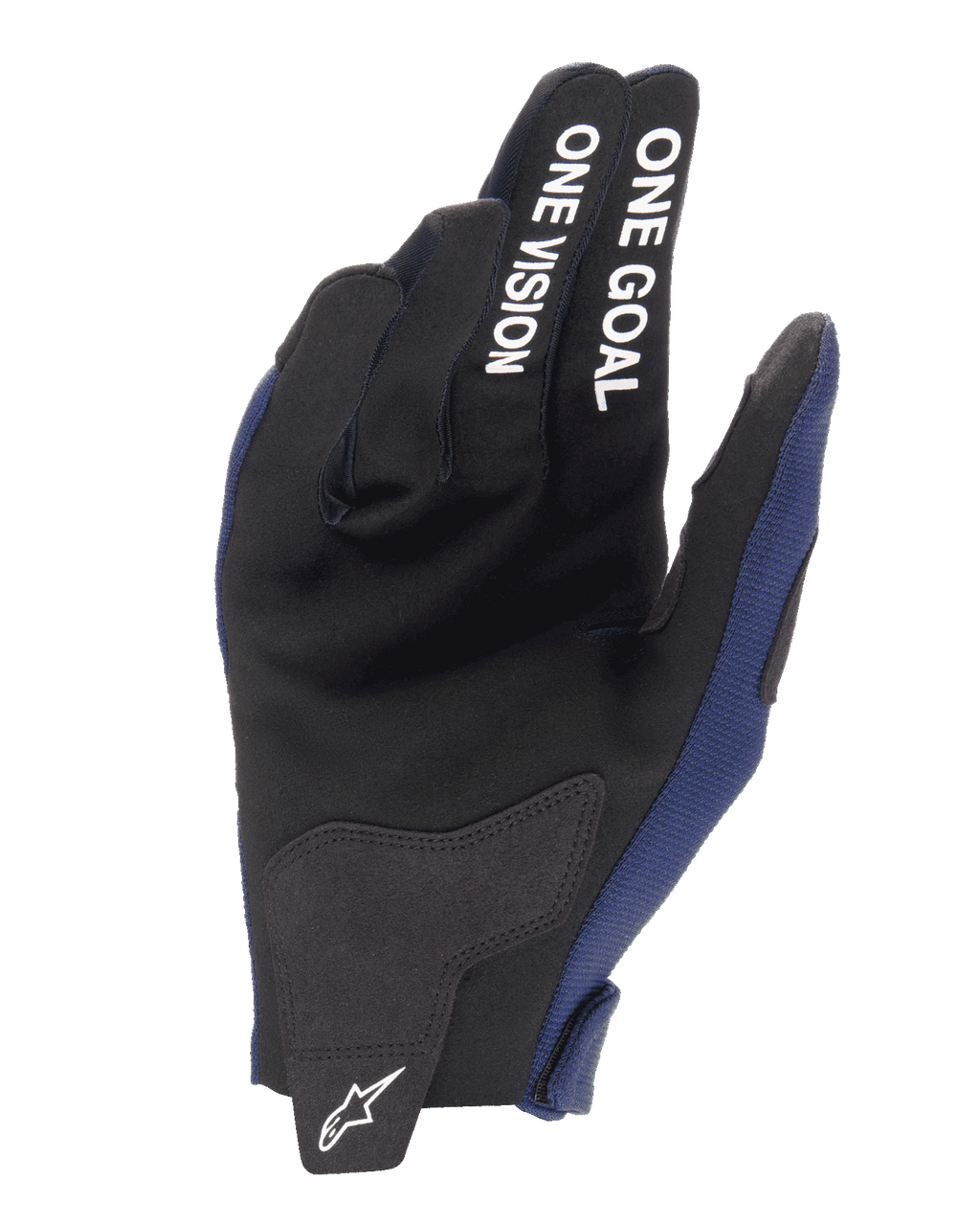 Alpinestars 2025 Radar handskar, motocrosshandskar, Night Navy och vita, vy av handflatan med förstärkningar i syntetmocka, vit text ”ONE GOAL ONE VISION” på fingrarna, vit Alpinestars-logotyp på stängningsfliken