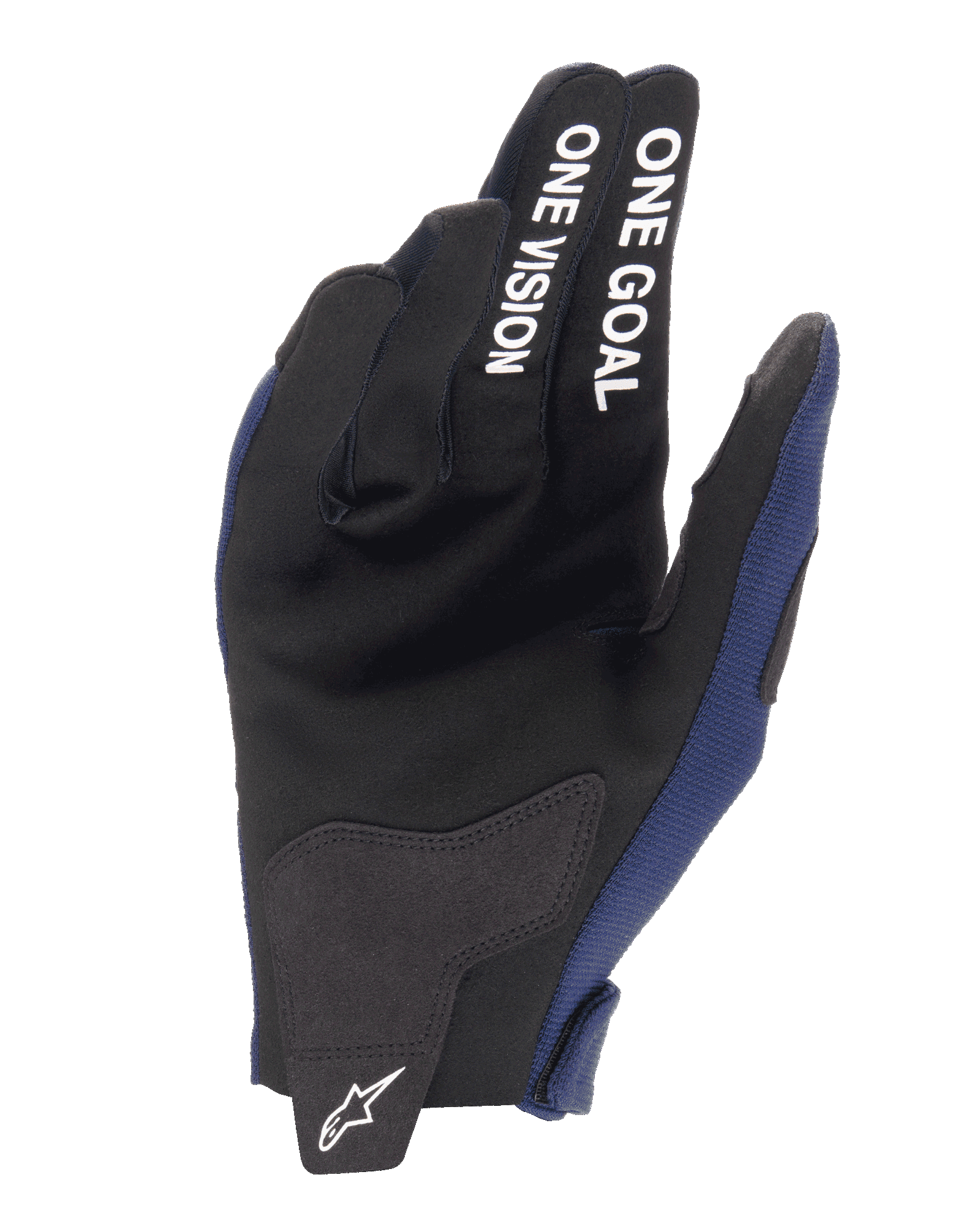 Alpinestars 2025 Radar handskar, motocrosshandskar, Night Navy och vita, vy av handflatan med förstärkningar i syntetmocka, vit text ”ONE GOAL ONE VISION” på fingrarna, vit Alpinestars-logotyp på stängningsfliken