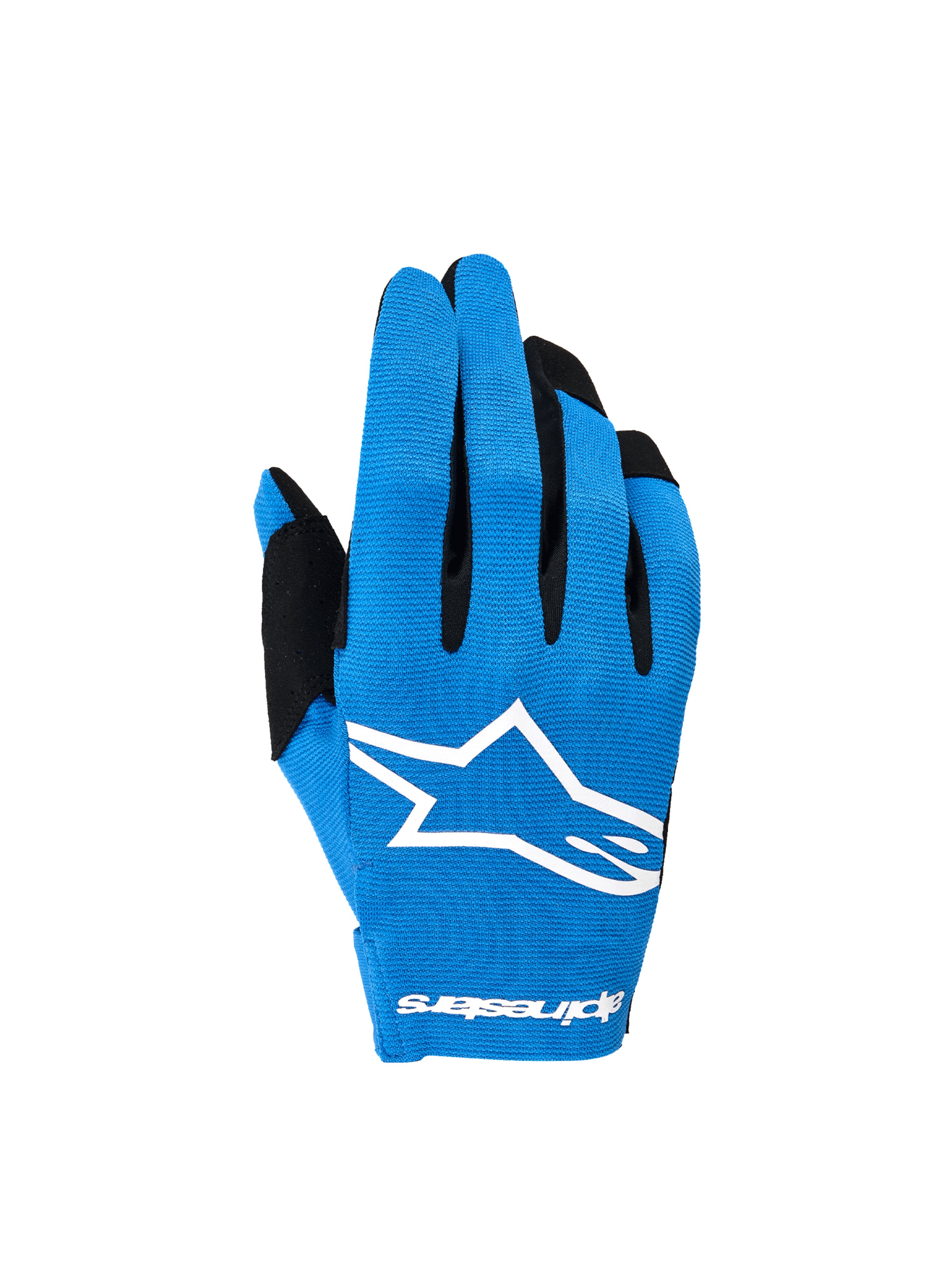Alpinestars 2026 Radar handskar, blå och vita herr-motorcykelhandskar för motocross, stretchig ovansida med vit sublimerad Astars-logotyp, lättviktskonstruktion.