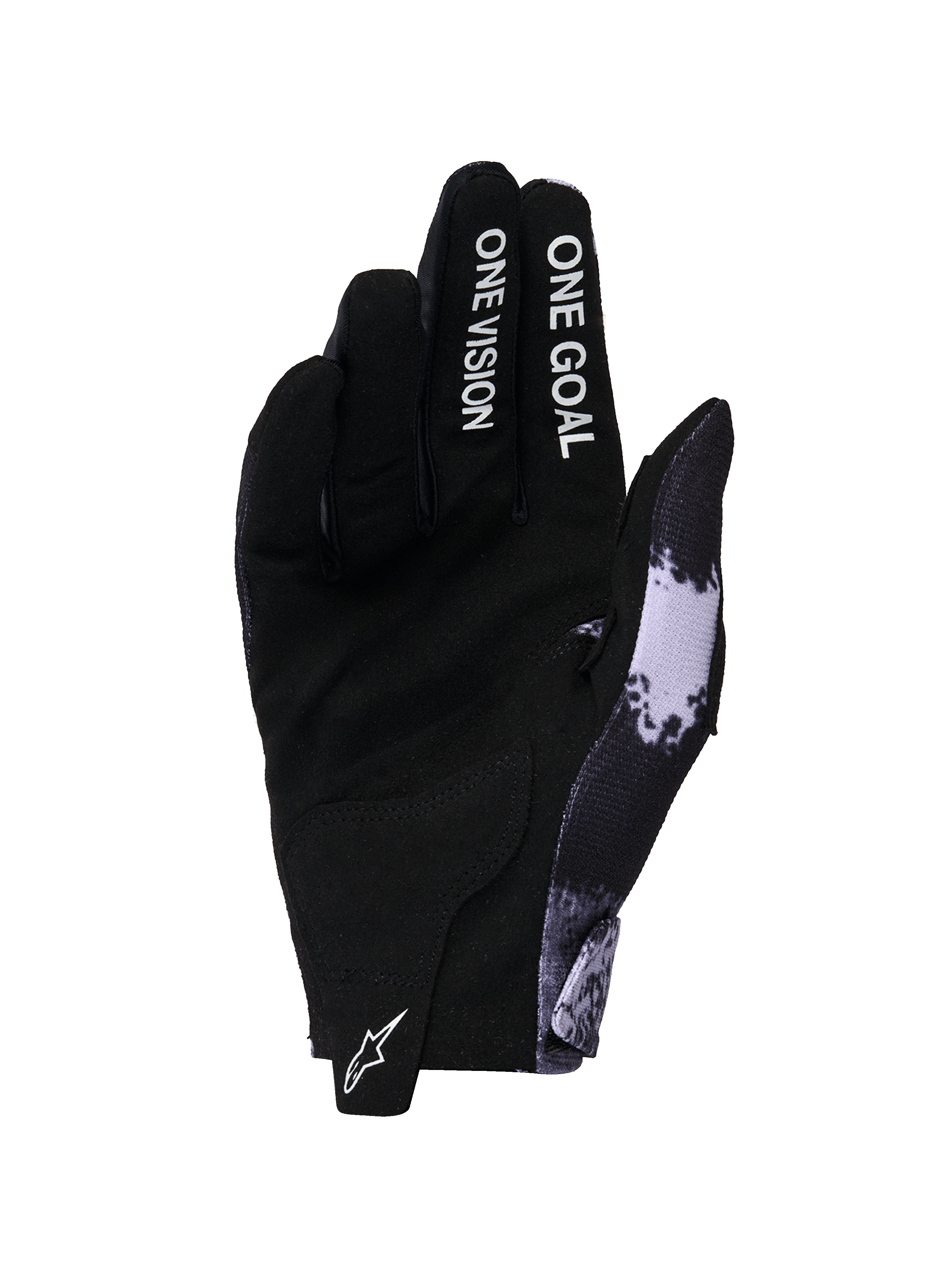 Alpinestars 2026 Radar-handskar, motocrosshandskar, Iron Camo och svarta, vy av handflatan i syntetmocka, texten 'ONE GOAL ONE VISION' på fingrarna, vit Astars-logotyp på dragfliken, smidig design för terrängkörning
