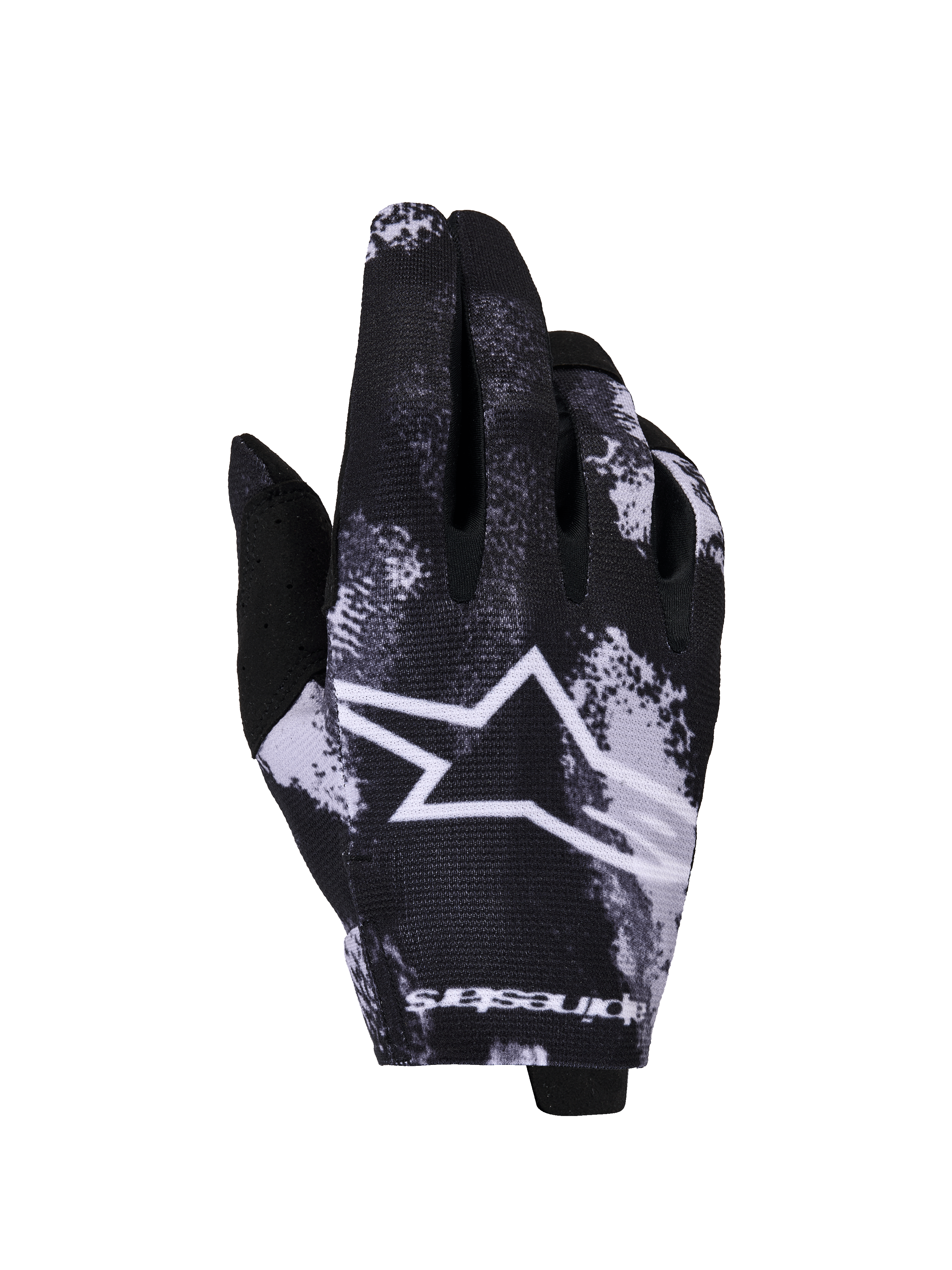Alpinestars 2026 Radar-handskar, motocrosshandskar, Iron Camo i svart och vitt, med en stor vit stjärnlogotyp, sublimerat kamouflagemönster, lättviktigt stretchmaterial för terrängkörning