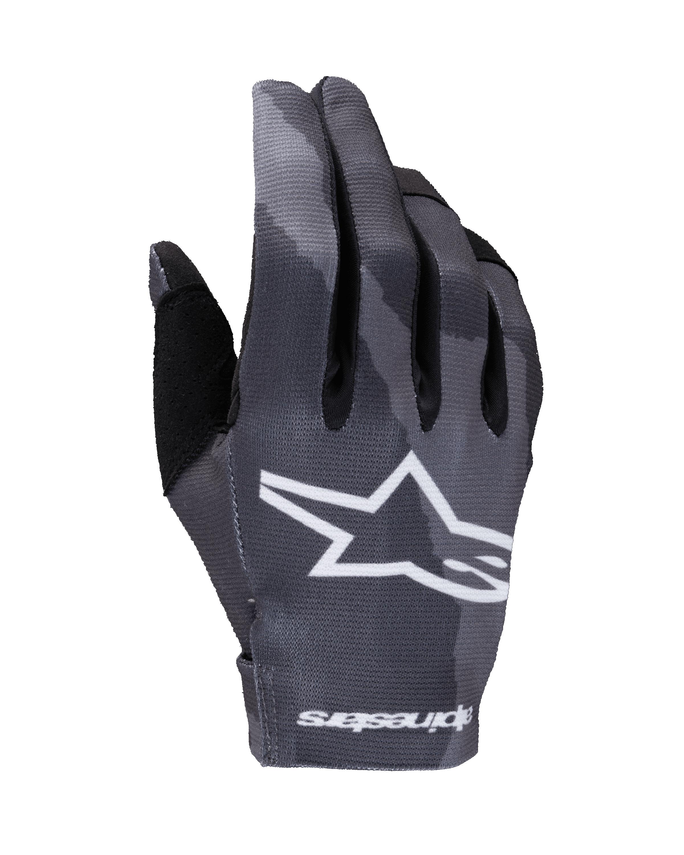 Alpinestars 2025 Radar Gloves, Motocross Gloves, Dark Camo pattern in shades of gray, featuring a large white star logo on the backhand and Alpinestars text at the cuff, lightweight stretch construction for off-road performance