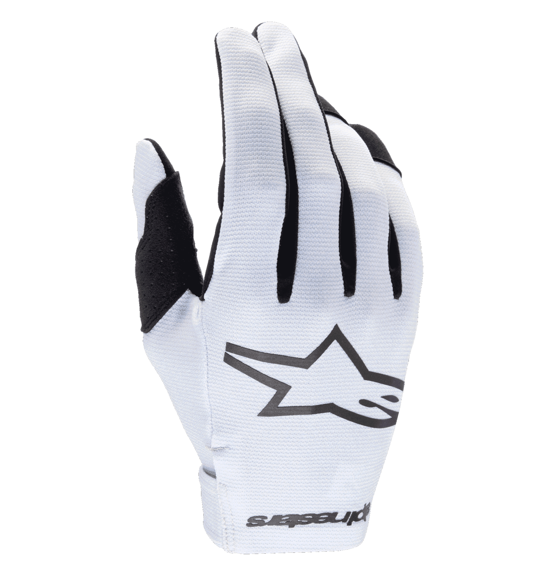 Alpinestars 2025 Radar Gloves, Motocross Gloves, White and Black, featuring a textured synthetic backhand with a prominent black star logo, black accents between fingers, seamless wrist closure with branding, lightweight form-fitting design for off-road racing