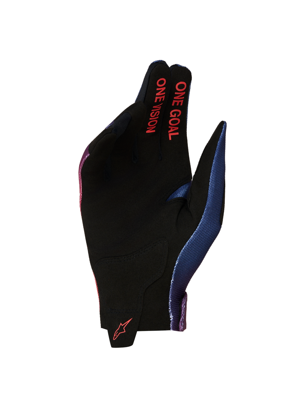 Alpinestars Radar handskar 2027, motocrosshandskar, svarta och röda, handflata i syntetisk mocka med One Goal One Vision-grafik.