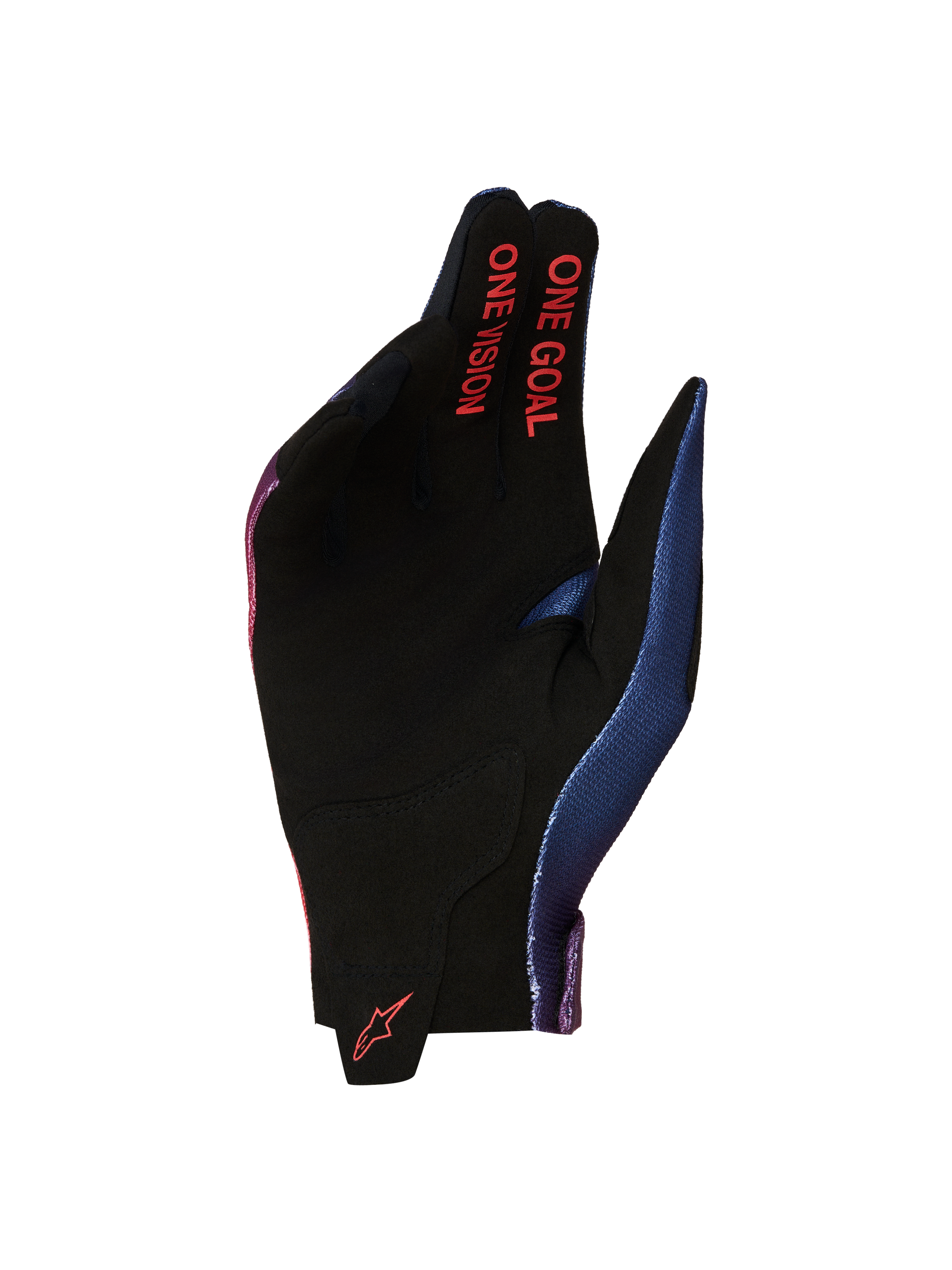 Alpinestars Radar handskar 2027, motocrosshandskar, svarta och röda, handflata i syntetisk mocka med One Goal One Vision-grafik.
