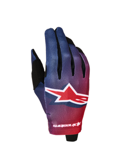 Alpinestars Radar Gloves 2027, lightweight motocross gloves in Fire Red and Deep Blue gradient with a large star logo.