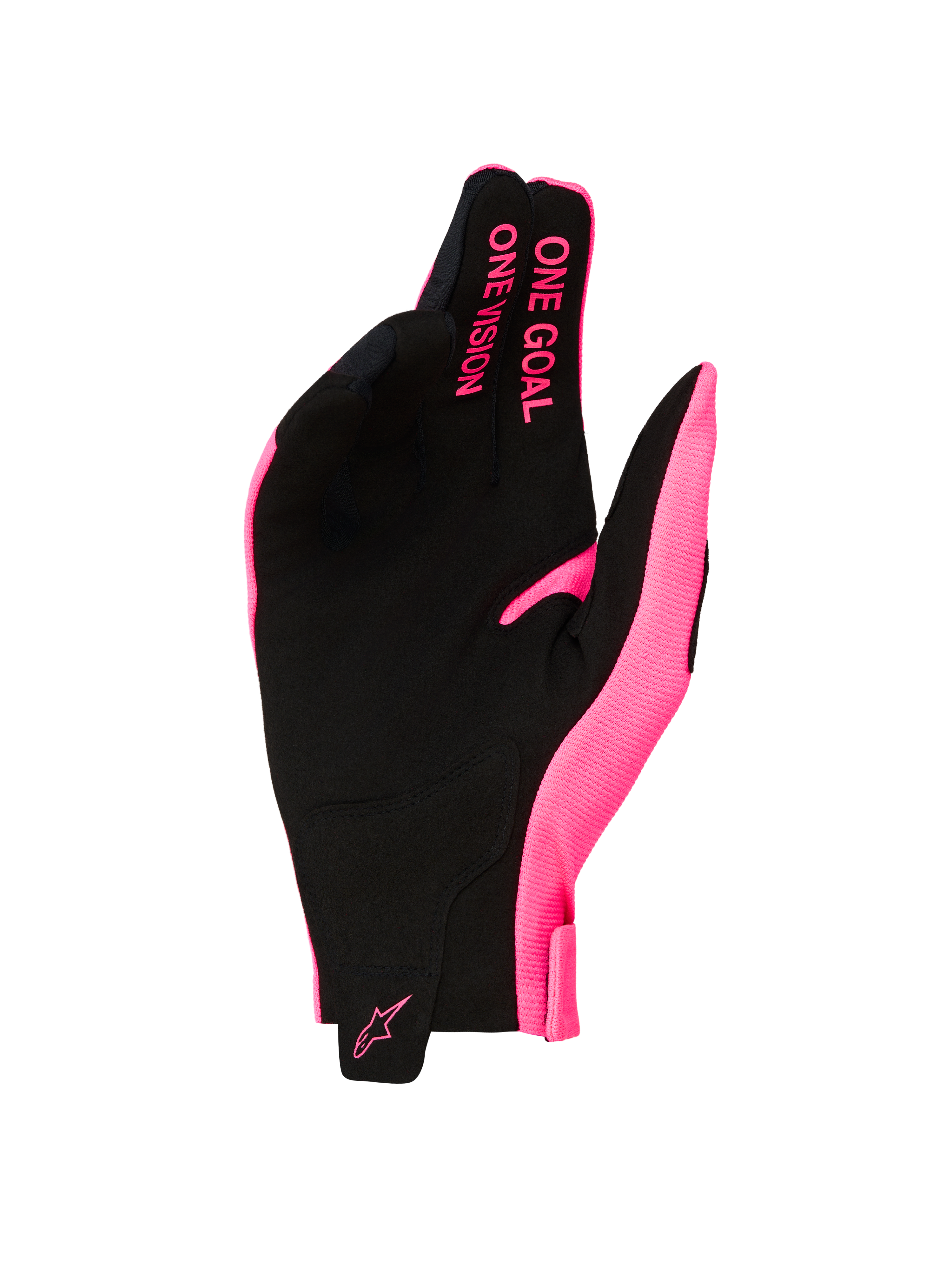 Alpinestars Radar 2027 handskar, rosa och svarta motocrosshandskar, handflata i syntetisk mocka, ONE GOAL ONE VISION-slogan.