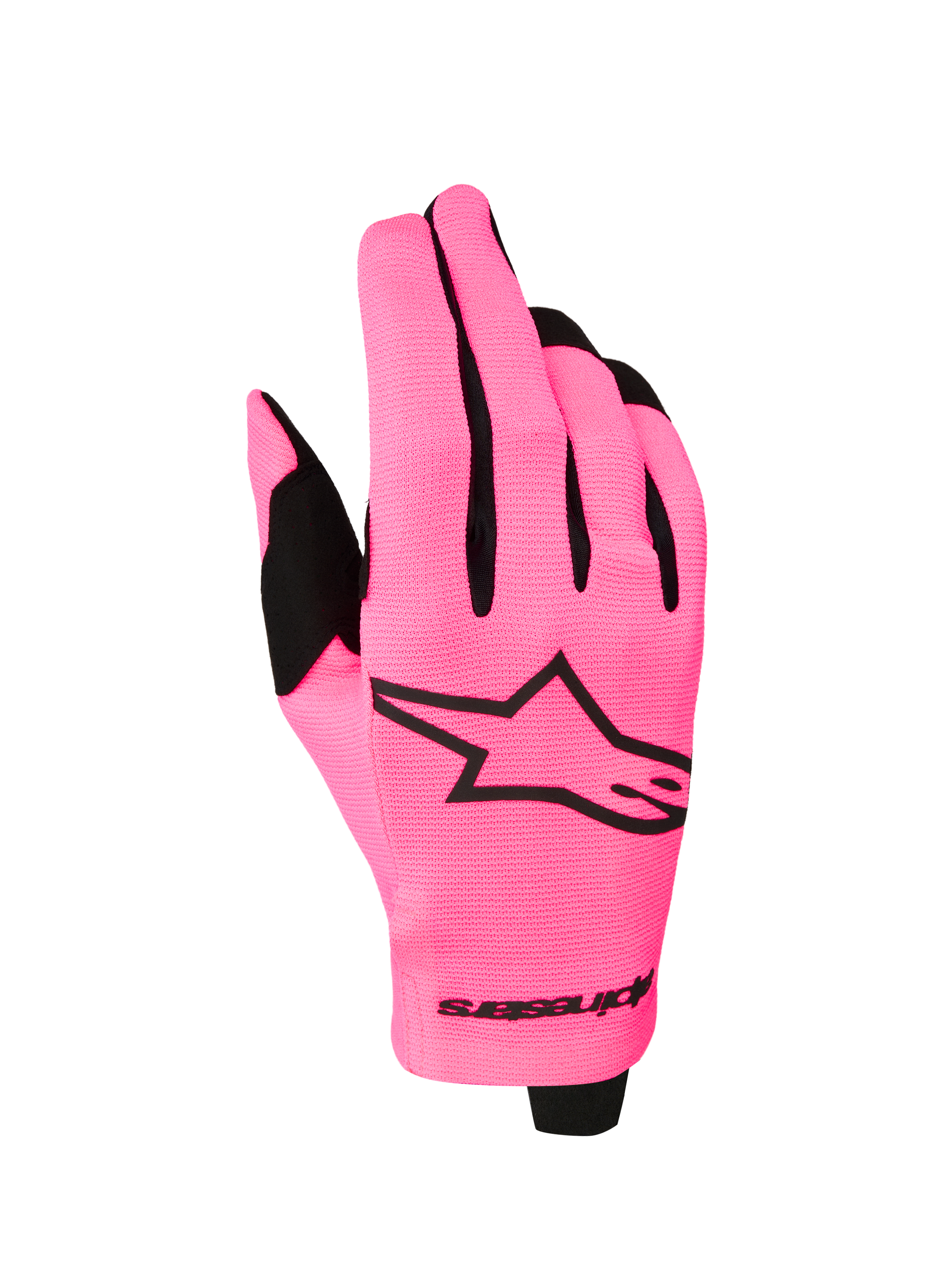 Alpinestars Radar 2027 handskar, lätta motocrosshandskar i rosa och svart med stretchmaterial och stor logotyp.