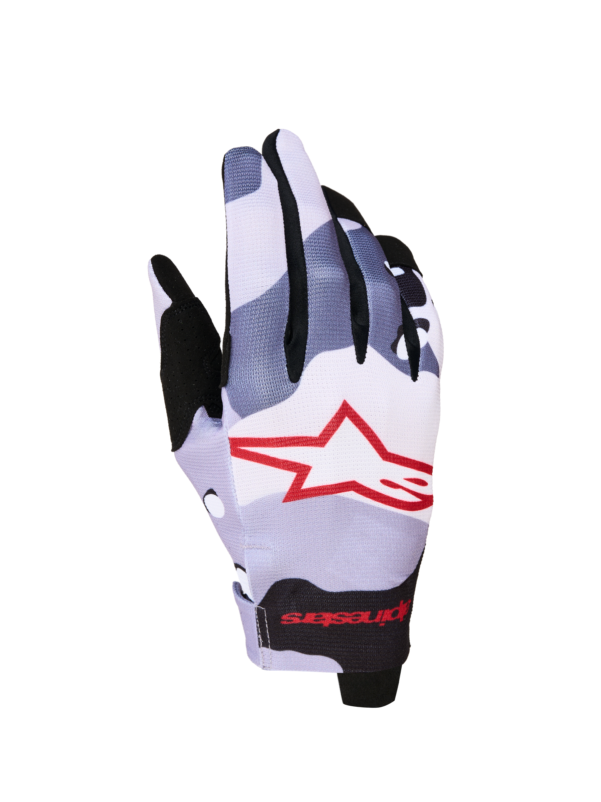 Alpinestars Radar 2027 handskar, herr-motocrosshandskar, askgrå och röda, enkellagers textil med sublimerad stjärngrafik