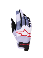 Alpinestars Radar 2027 handskar, herr-motocrosshandskar, askgrå och röda, enkellagers textil med sublimerad stjärngrafik