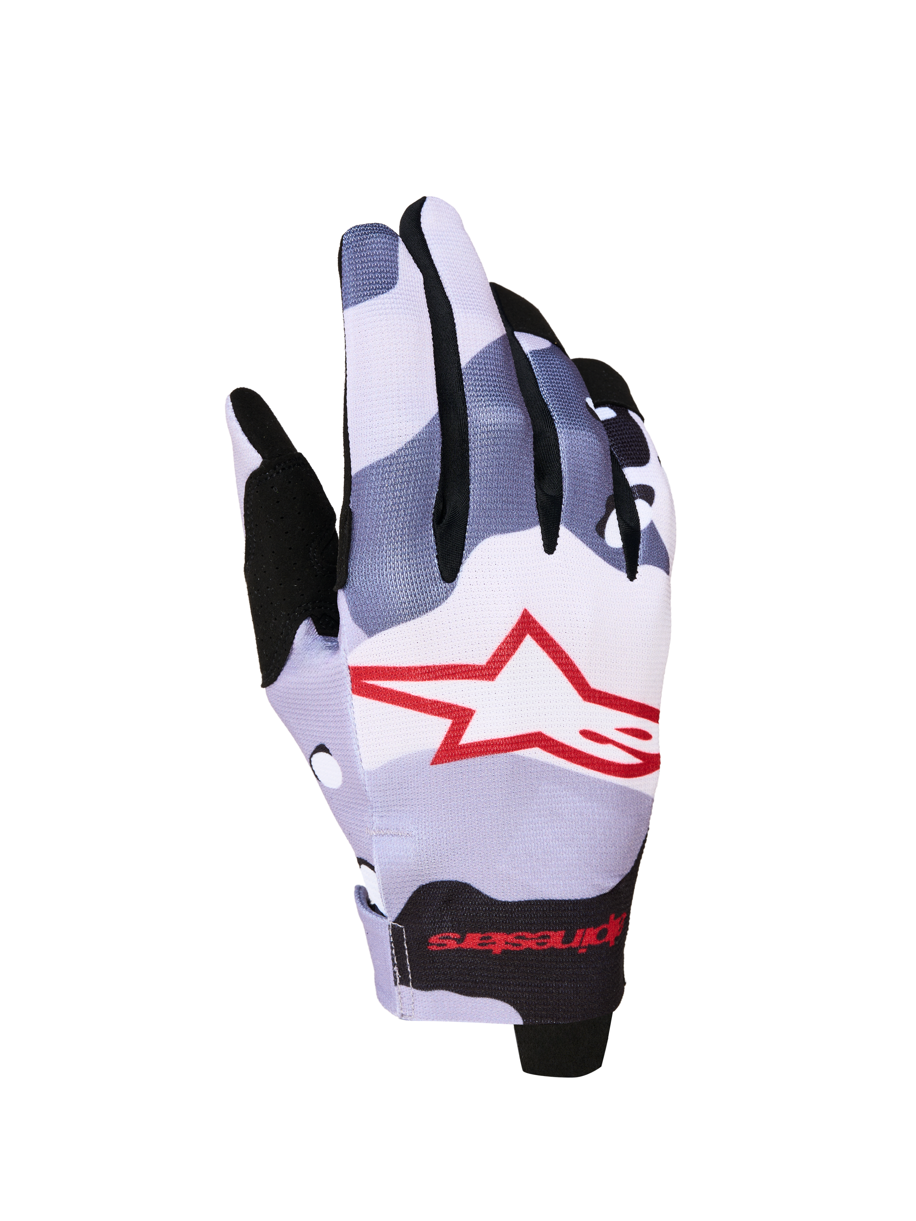 Alpinestars Radar 2027 handskar, herr-motocrosshandskar, askgrå och röda, enkellagers textil med sublimerad stjärngrafik