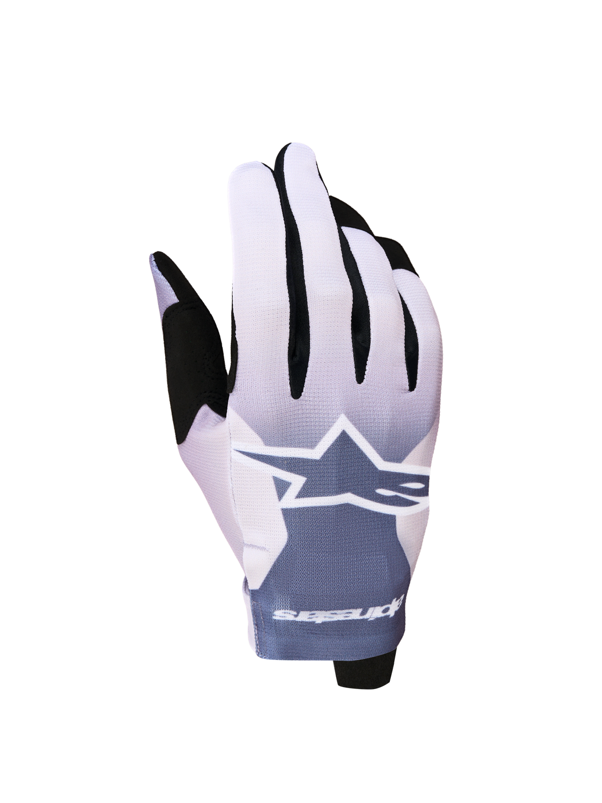 Alpinestars Radar Gloves 2027, lightweight motocross gloves in ash gray and light lilac with a white star logo.