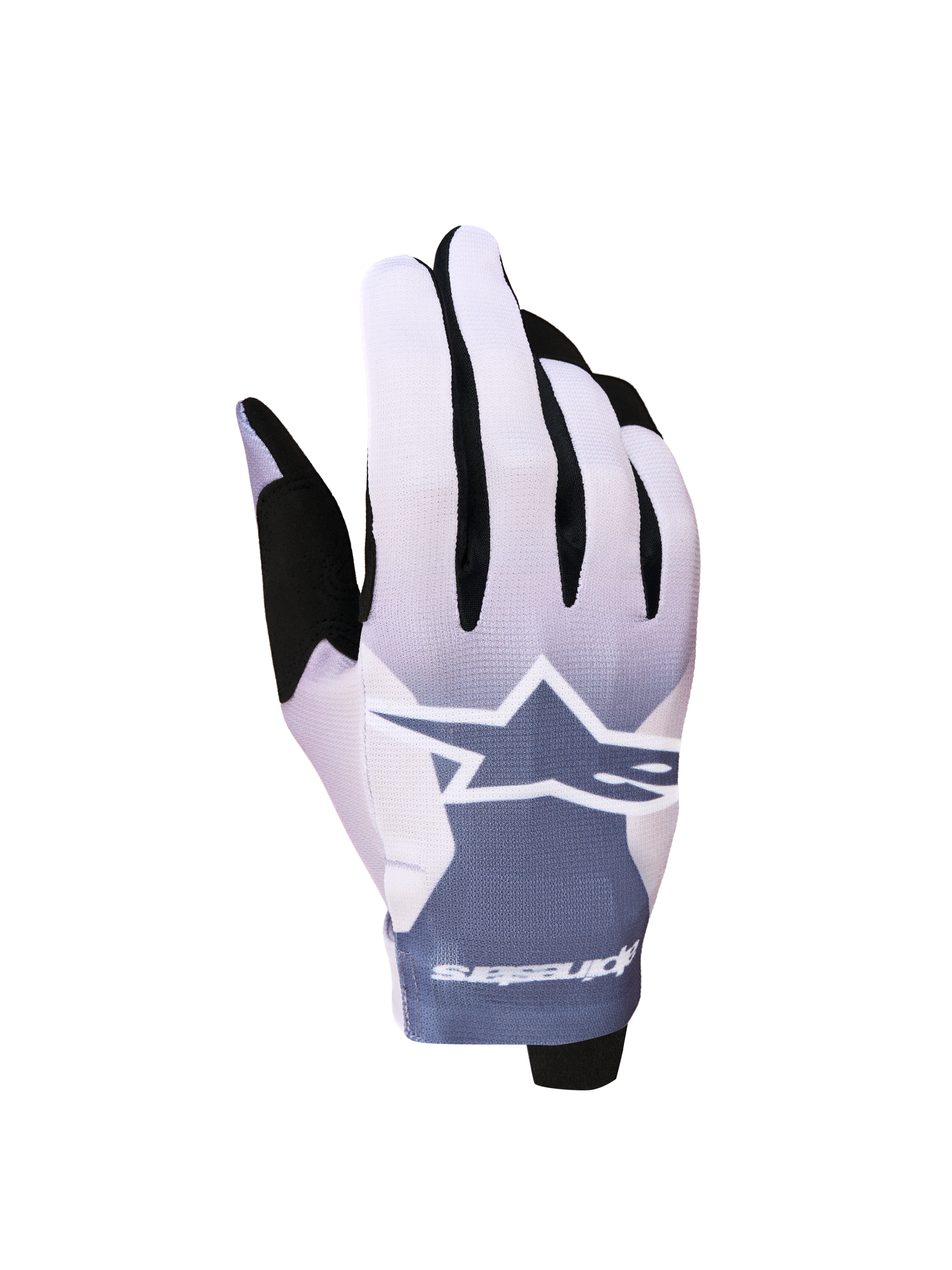 Alpinestars Radar 2027 handskar, lätta motocrosshandskar i askgrå och ljuslila med vit Astars-logotyp.