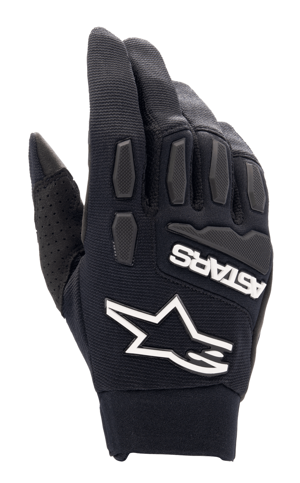 Alpinestars Full Bore XT-handskar, svarta motocrosshandskar, med framträdande vit Alpinestars-stjärnlogotyp och ASTARS-märkning, texturerat TPR-skydd för knogar och fingrar, stretchmaterial som andas med perforerad tumdetalj, designade för enduro- och terrängkörning