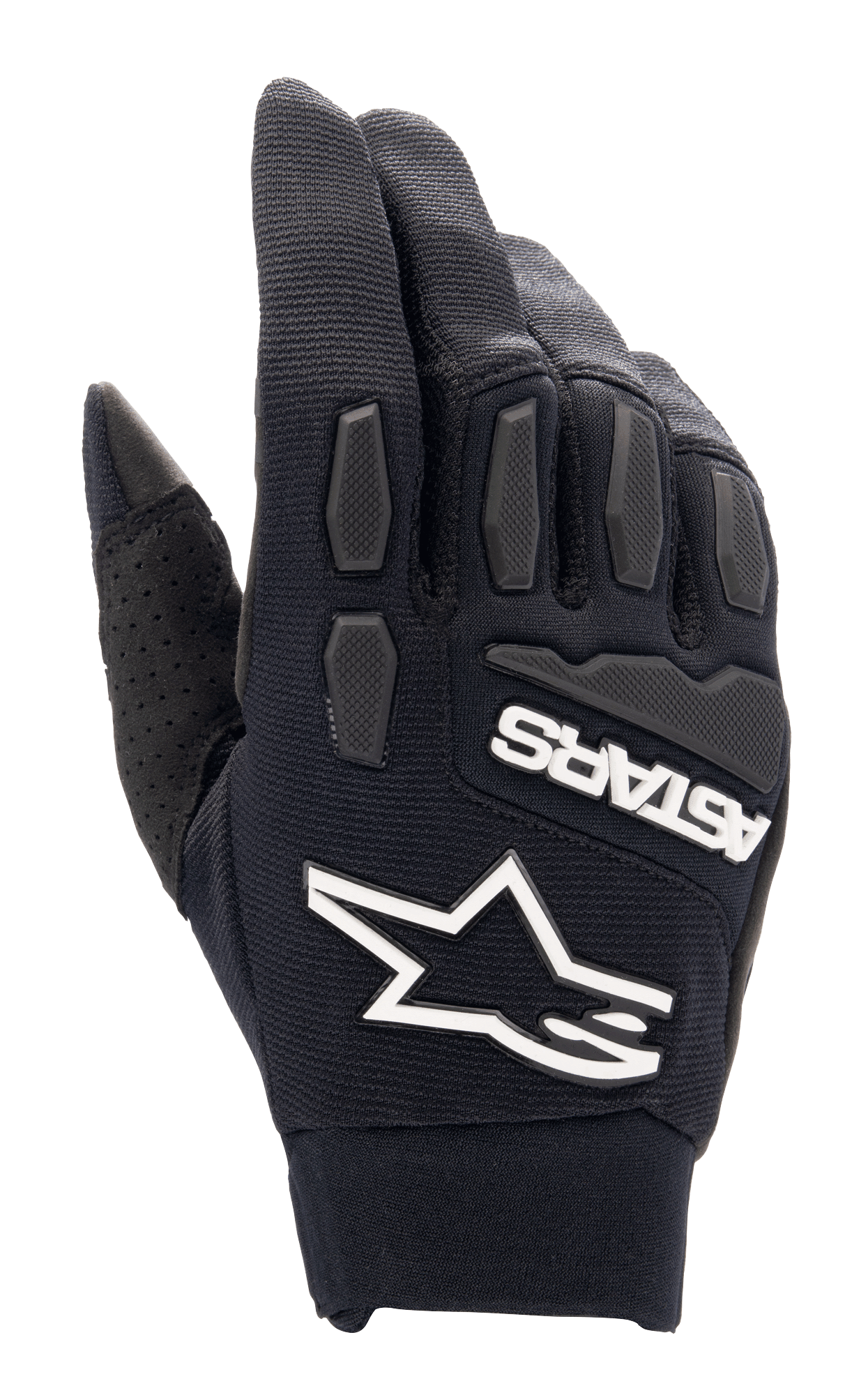 Alpinestars Full Bore XT-handskar, svarta motocrosshandskar, med framträdande vit Alpinestars-stjärnlogotyp och ASTARS-märkning, texturerat TPR-skydd för knogar och fingrar, stretchmaterial som andas med perforerad tumdetalj, designade för enduro- och terrängkörning