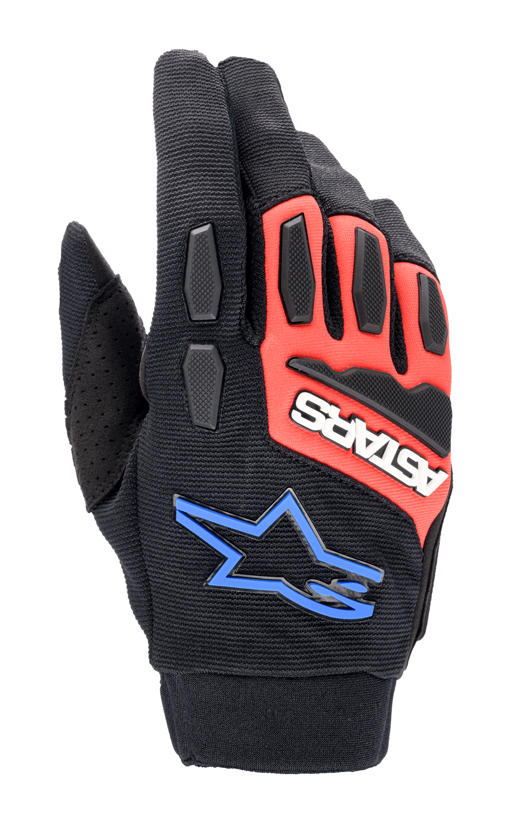 Alpinestars Full Bore XT Gloves, Off-Road Motorcycle Gloves, Black Bright Red and Blue, featuring TPR knuckle and finger protection, breathable stretch fabric, white ASTARS logo on red panel, and blue star logo