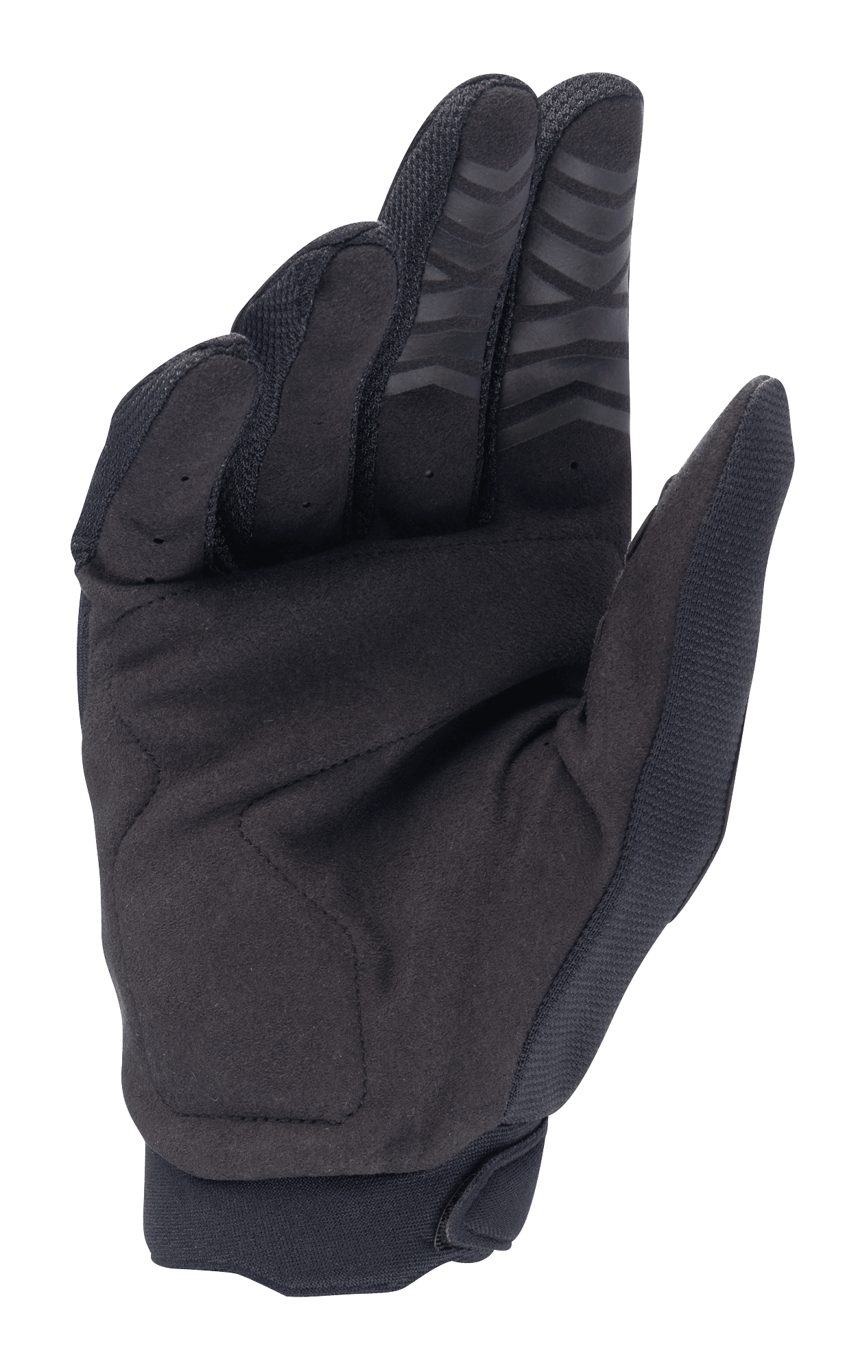 Alpinestars Honda Full Bore-handskar, motocrosshandskar, svarta, vy av handflatan med syntetmocka för hållbarhet, silikongrepp på fingertopparna och förstärkt tumparti, designade för offroad-prestanda