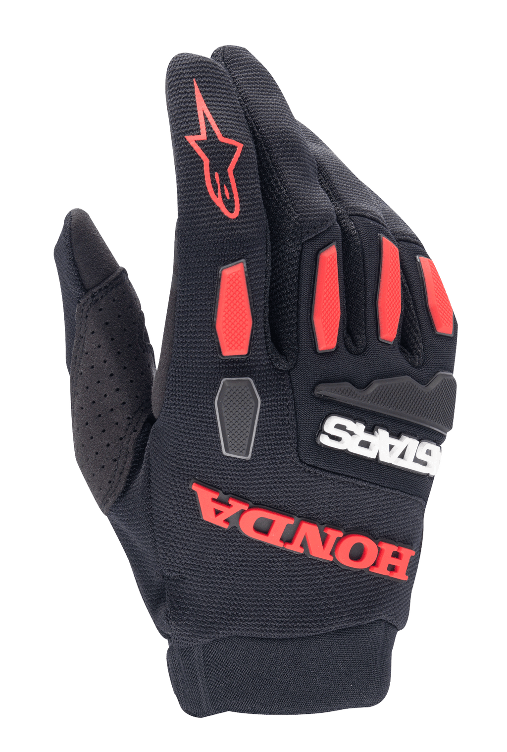 Alpinestars Honda Full Bore-handskar, motocrosshandskar, svarta och klarröda, med TPR-knogskydd och tydlig gummerad Honda-logotyp, ventilerande stretchmaterial för terrängkörning