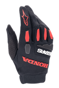 Alpinestars Honda Full Bore-handskar, motocrosshandskar, svarta och klarröda, med TPR-knogskydd och tydlig gummerad Honda-logotyp, ventilerande stretchmaterial för terrängkörning