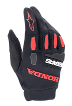 Alpinestars Honda Full Bore-handskar, motocrosshandskar, svarta och klarröda, med TPR-knogskydd och tydlig gummerad Honda-logotyp, ventilerande stretchmaterial för terrängkörning