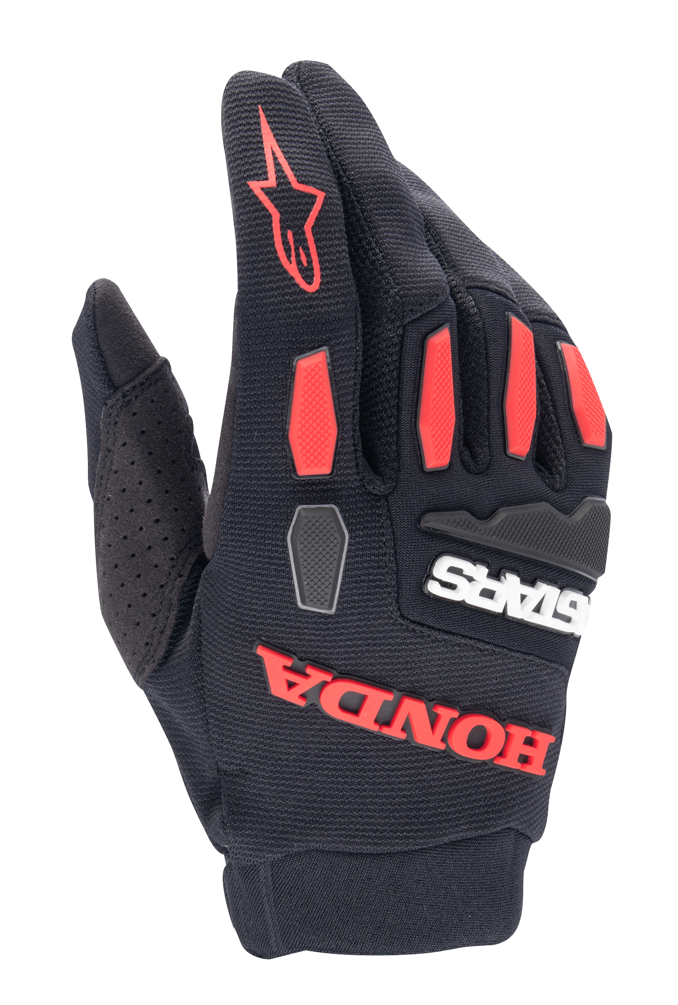 Alpinestars Honda Full Bore-handskar, motocrosshandskar, svarta och klarröda, med TPR-knogskydd och tydlig gummerad Honda-logotyp, ventilerande stretchmaterial för terrängkörning