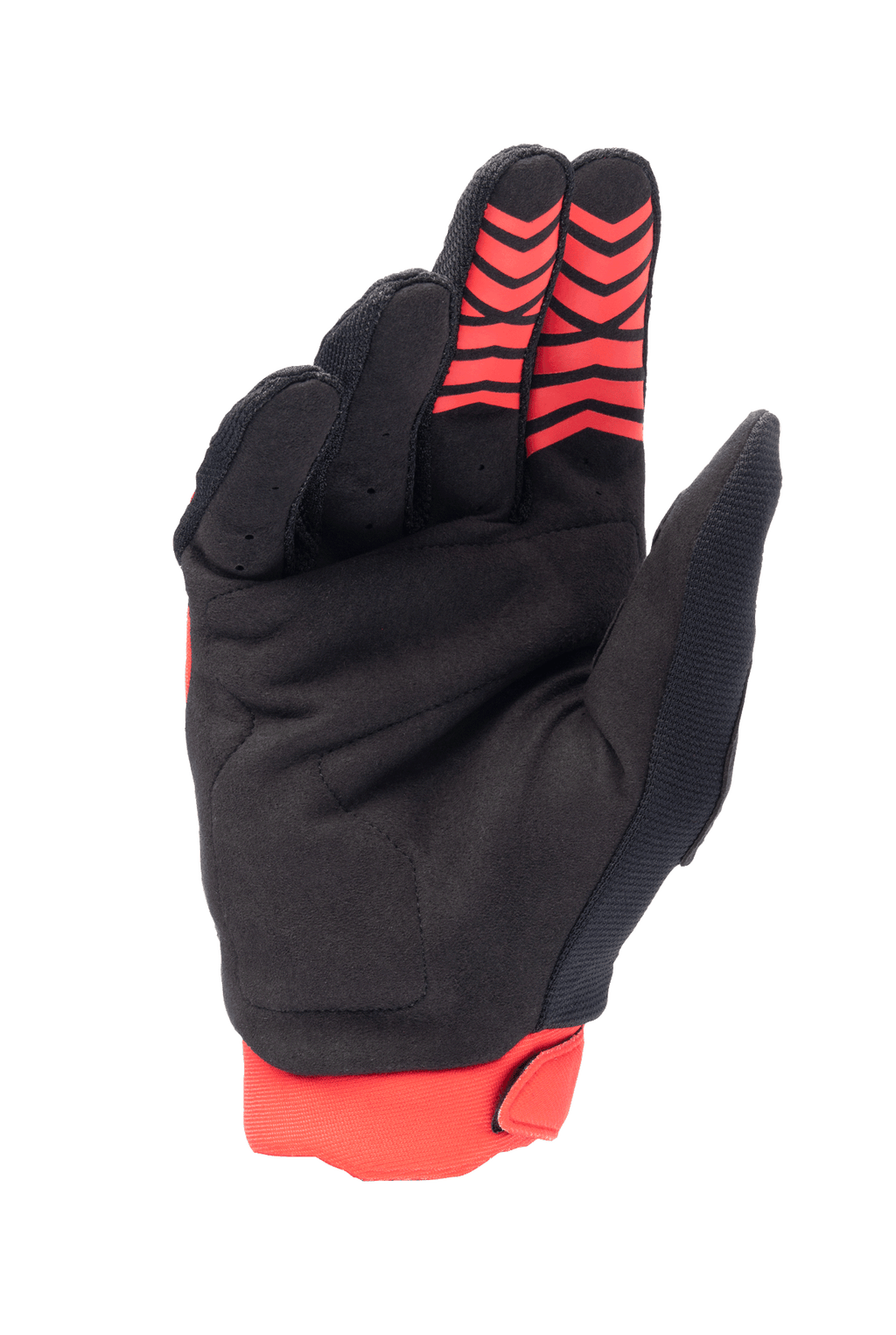 Alpinestars Honda Full Bore-handskar, motocrosshandskar, klarröda och svarta, vy av handflatan i syntetiskt mockamaterial och röda silikongreppmönster på fingertopparna, röd stretchmudd, hållbar design för terrängkörning