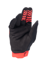 Alpinestars Honda Full Bore-handskar, motocrosshandskar, klarröda och svarta, vy av handflatan i syntetiskt mockamaterial och röda silikongreppmönster på fingertopparna, röd stretchmudd, hållbar design för terrängkörning