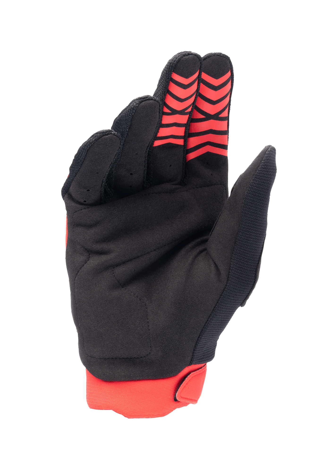 Alpinestars Honda Full Bore-handskar, motocrosshandskar, klarröda och svarta, vy av handflatan i syntetiskt mockamaterial och röda silikongreppmönster på fingertopparna, röd stretchmudd, hållbar design för terrängkörning