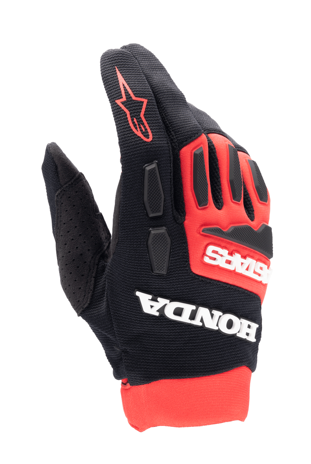 Alpinestars Honda Full Bore-handskar, motocrosshandskar, ljusröda och svarta, framträdande vit Honda- och Astars-logotyp, TPR-knogskydd, andningsbar konstruktion i stretchtextil, röd stjärnlogotyp på fingret, sportig off-road racingdesign