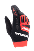 Alpinestars Honda Full Bore-handskar, motocrosshandskar, ljusröda och svarta, framträdande vit Honda- och Astars-logotyp, TPR-knogskydd, andningsbar konstruktion i stretchtextil, röd stjärnlogotyp på fingret, sportig off-road racingdesign