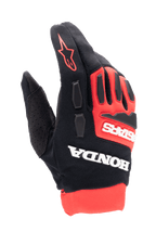 Alpinestars Honda Full Bore-handskar, motocrosshandskar, ljusröda och svarta, framträdande vit Honda- och Astars-logotyp, TPR-knogskydd, andningsbar konstruktion i stretchtextil, röd stjärnlogotyp på fingret, sportig off-road racingdesign