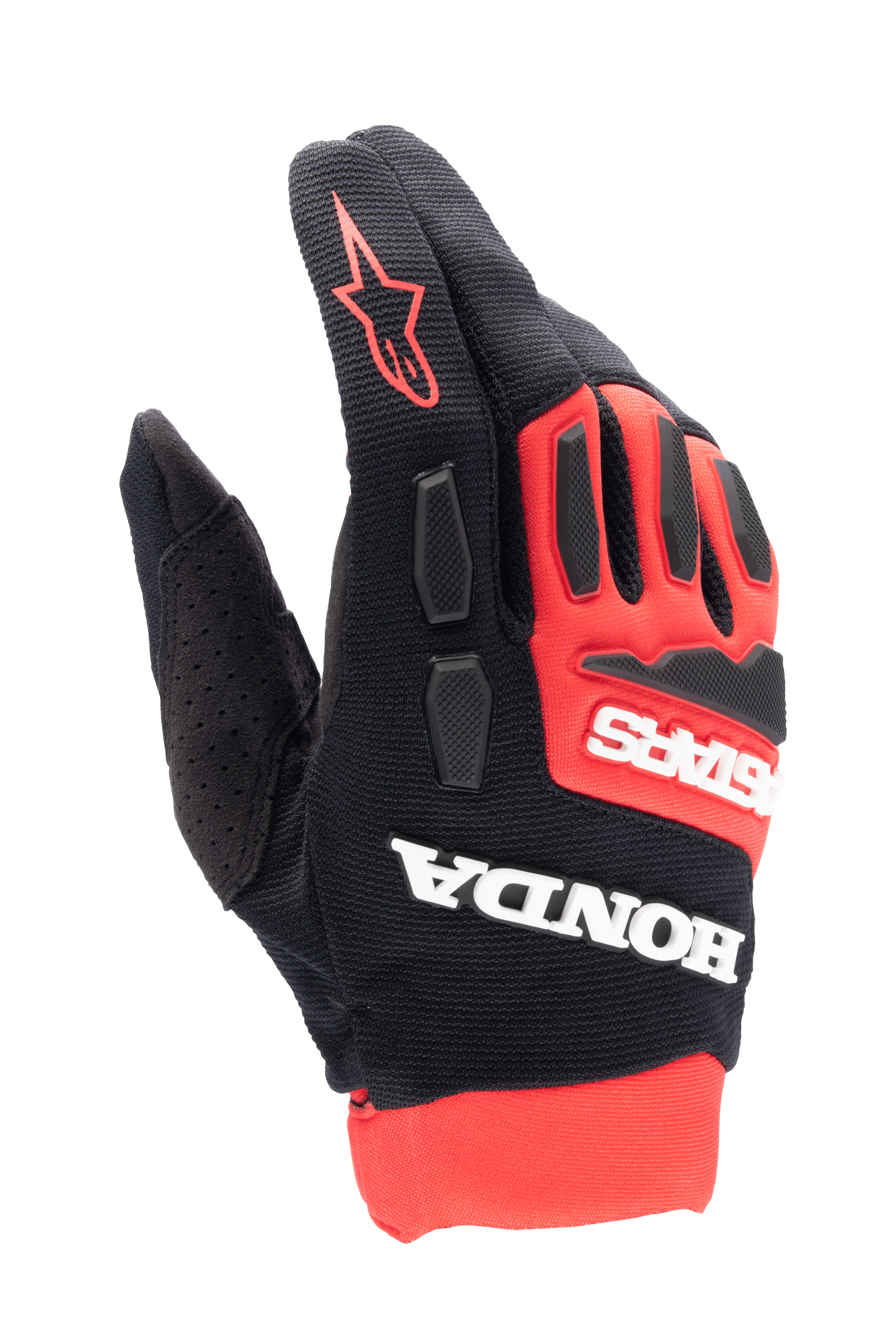 Alpinestars Honda Full Bore-handskar, motocrosshandskar, ljusröda och svarta, framträdande vit Honda- och Astars-logotyp, TPR-knogskydd, andningsbar konstruktion i stretchtextil, röd stjärnlogotyp på fingret, sportig off-road racingdesign