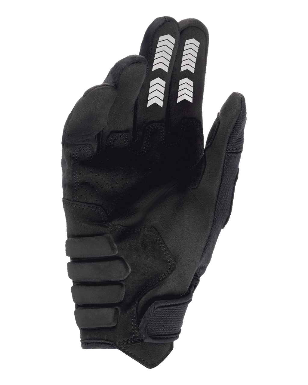 Alpinestars Techdura Gloves, Enduro Gloves, Black, palm view featuring synthetic suede construction, white chevron graphics on index and middle fingers, reinforced padded palm, and hook and loop wrist strap