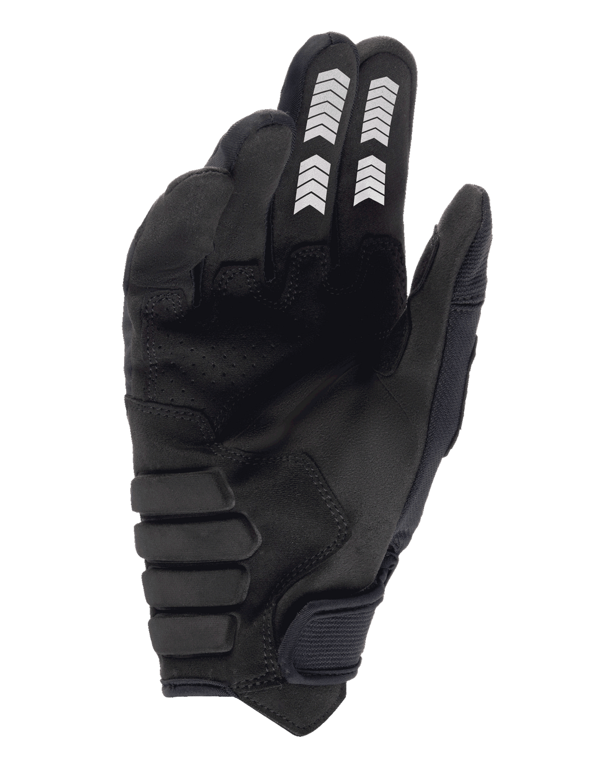 Alpinestars Techdura Gloves, Enduro Gloves, Black, palm view featuring synthetic suede construction, white chevron graphics on index and middle fingers, reinforced padded palm, and hook and loop wrist strap