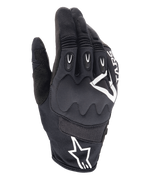 Alpinestars Techdura Gloves, Enduro Motorcycle Gloves, Black with white Alpinestars logo, viscoelastic knuckle protection, TPR finger inserts, breathable mesh and stretch textile construction, off-road riding gear