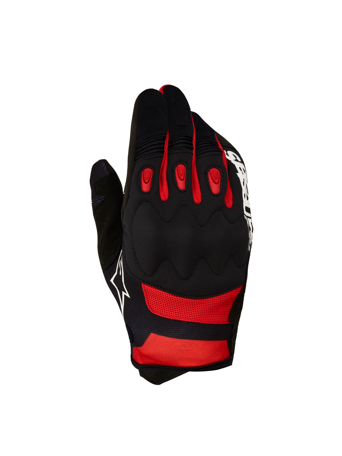 Alpinestars Techdura handskar, motorcykelhandskar för enduro och trail, svarta och klarröda med viskoelastiskt knogskydd.
