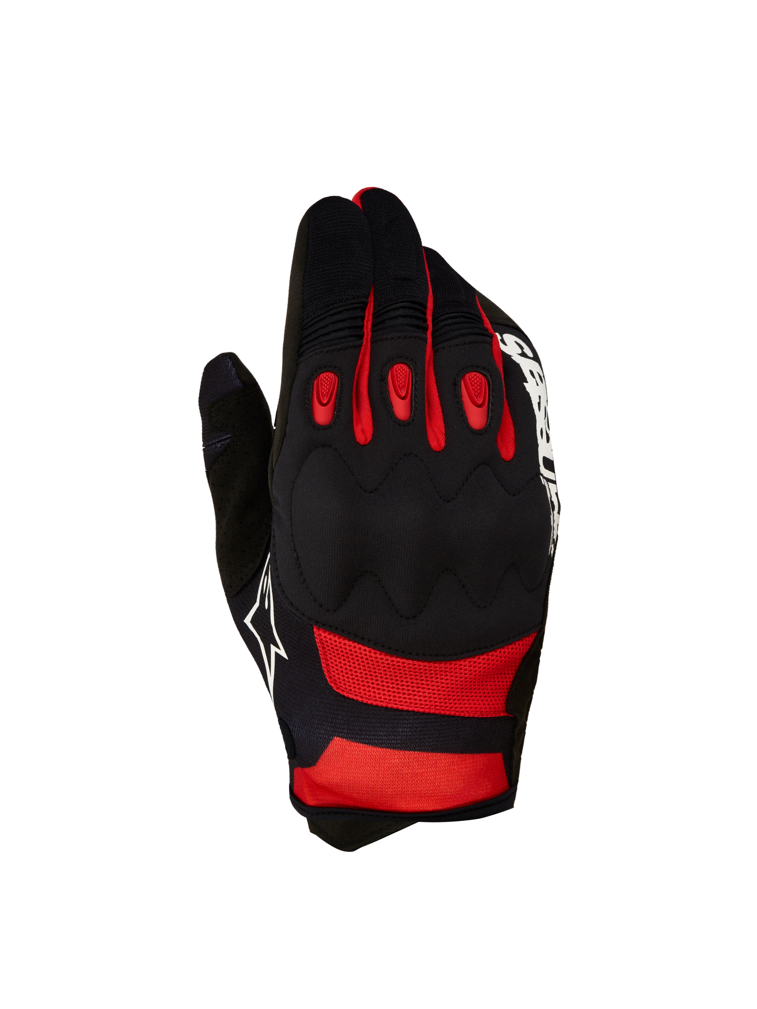 Alpinestars 2027 Techdura Gloves, Black and Bright Red motocross gloves with viscoelastic knuckle protection.