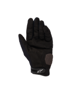 Alpinestars Megawatt V2 handskar, motocross- och endurohandskar, svarta, vy av handflatan som visar förstärkta sektioner på handflata och tumme, perforerad textur för ventilation, kardborreband vid handleden med vit Alpinestars-logotyp