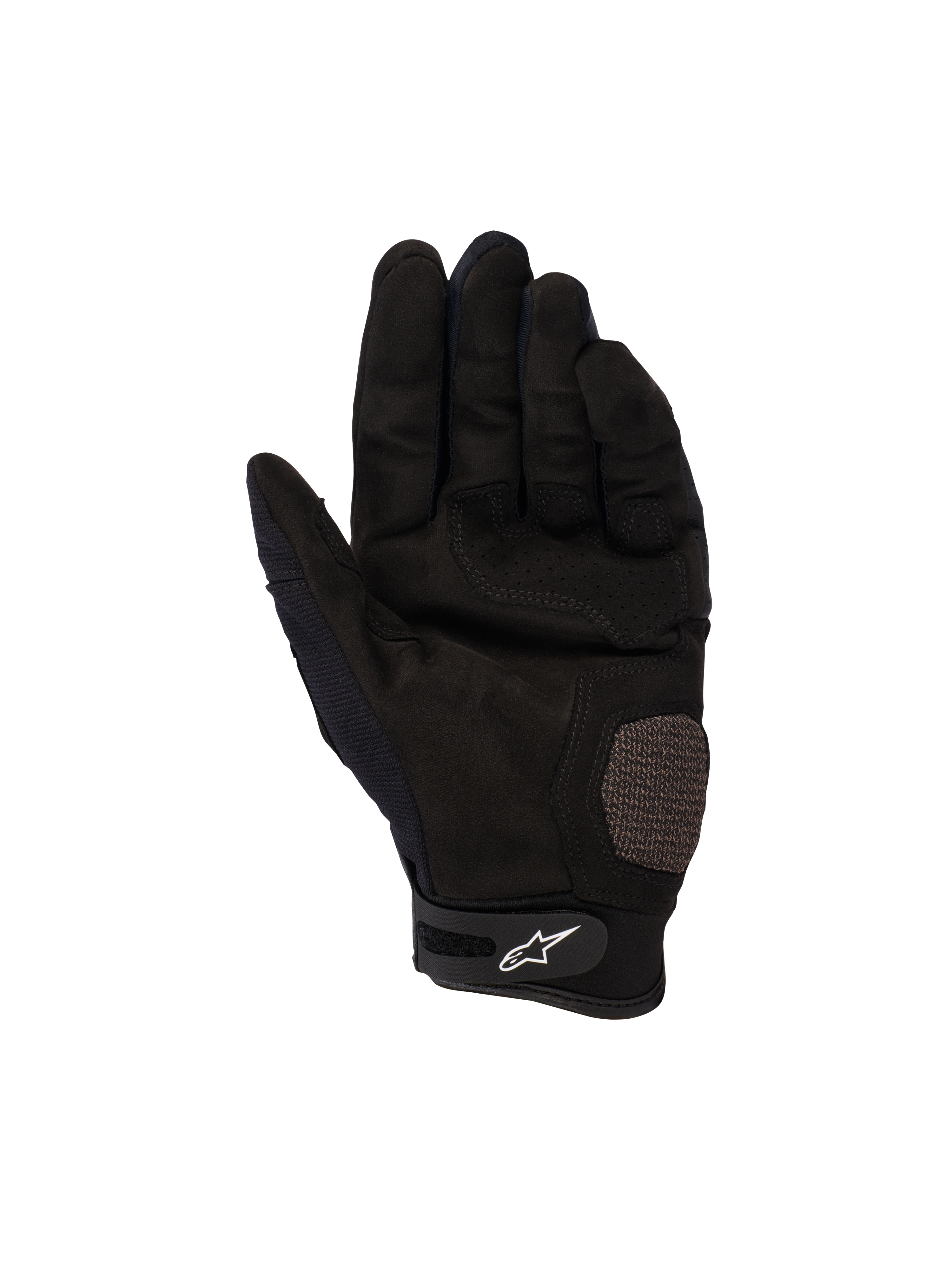 Alpinestars Megawatt V2 handskar, motocross- och endurohandskar, svarta, vy av handflatan som visar förstärkta sektioner på handflata och tumme, perforerad textur för ventilation, kardborreband vid handleden med vit Alpinestars-logotyp